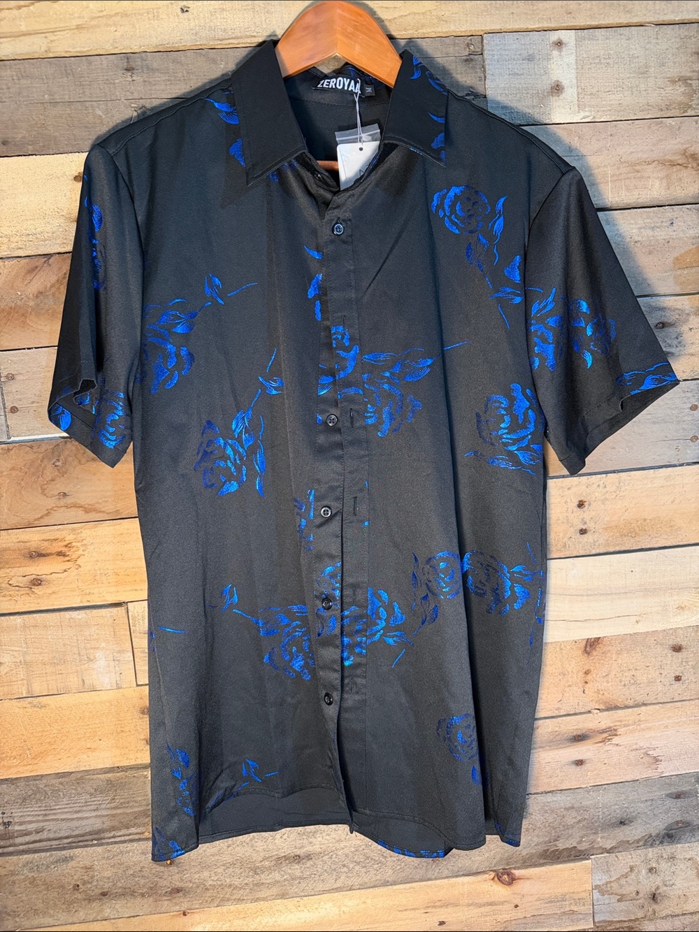 ZER0YAA Black Short-Sleeve Button-Down Shirt with Blue Floral Print